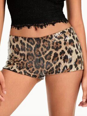 Leopard Print Sequin Micro Mini Shorts | Gold/Black Size Small